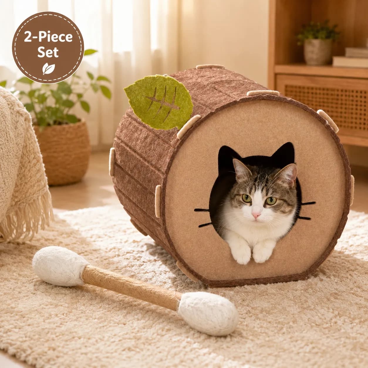 Felt Cat Cave Bed with Catnip Stick Toy 2 Piece Set - Leaf Shaped Cat House Tunnel Bed with Interactive Cat Toy, photo 1 of 5