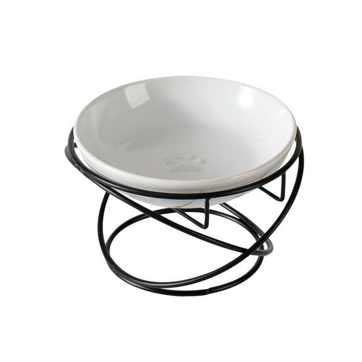 Raised Ceramic Pet Bowl with Metal Stand - Paw Print Cat and Dog Feeding Bowl, Removable Easy-Clean Dish with Elevated Design for Food and Water