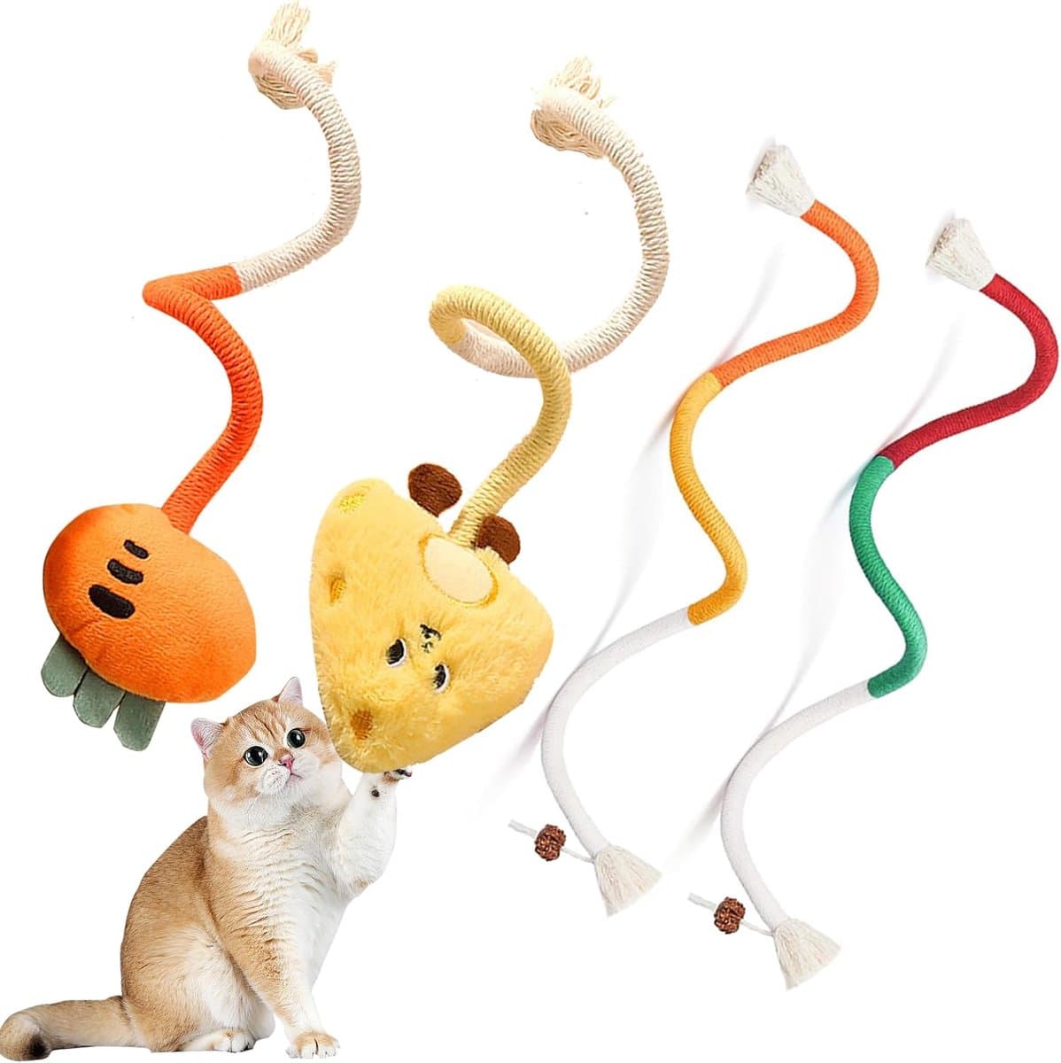 Cat Toys - 4 Pieces Cat Teeth Cleaning Toys - Cat Toy Chew Ropes - Toys For Cats - Indoor/Outdoor Interactive Ropes & Catnip Toys - with Catnip - for Self-Playing Adults & Kittens, Yellow & Orange, photo 1 of 6