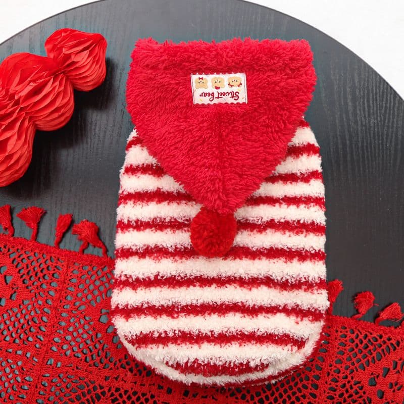 Pet Clothing Red Striped Hoodie Warm Winter Wear