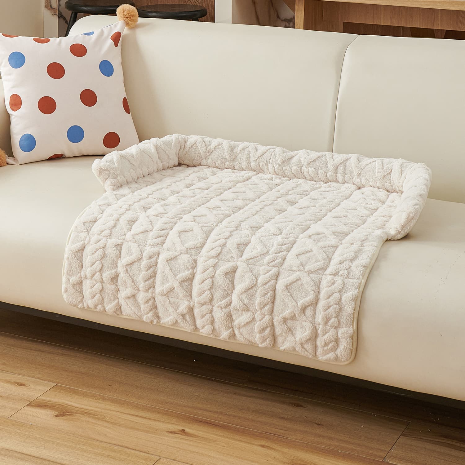 Pet Sofa Protector & Calming Bolster Bed with Cable Knit - 75x75CM Thickened Non Slip Furniture Cover for Cats & Dogs