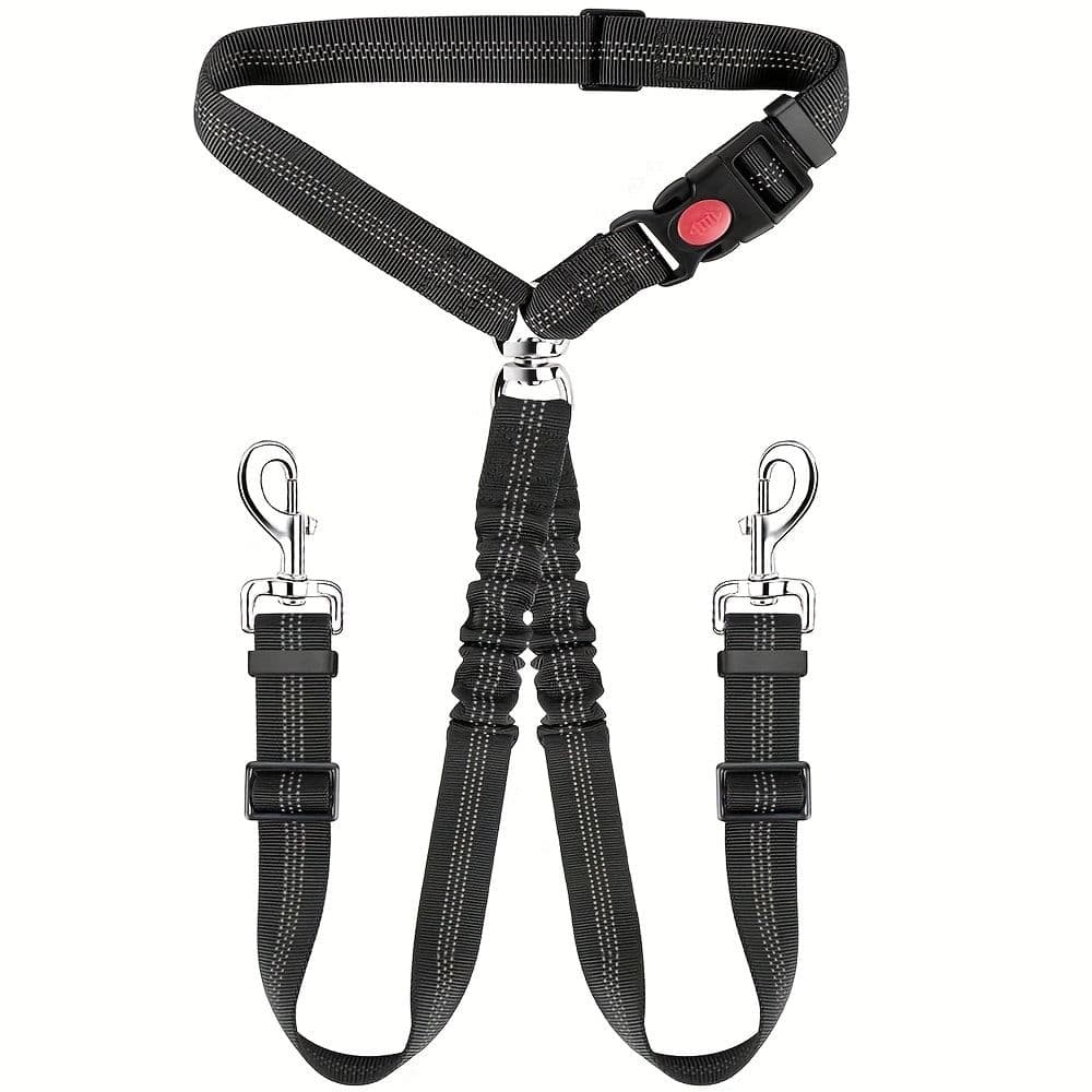 Dual-Head Pet Car Seat Belt with 360° Swivel Tangle-Free Leash for Two Dogs - Adjustable Safety Restraint for Car Travel and Outdoor Walking, Reflective Nylon Webbing