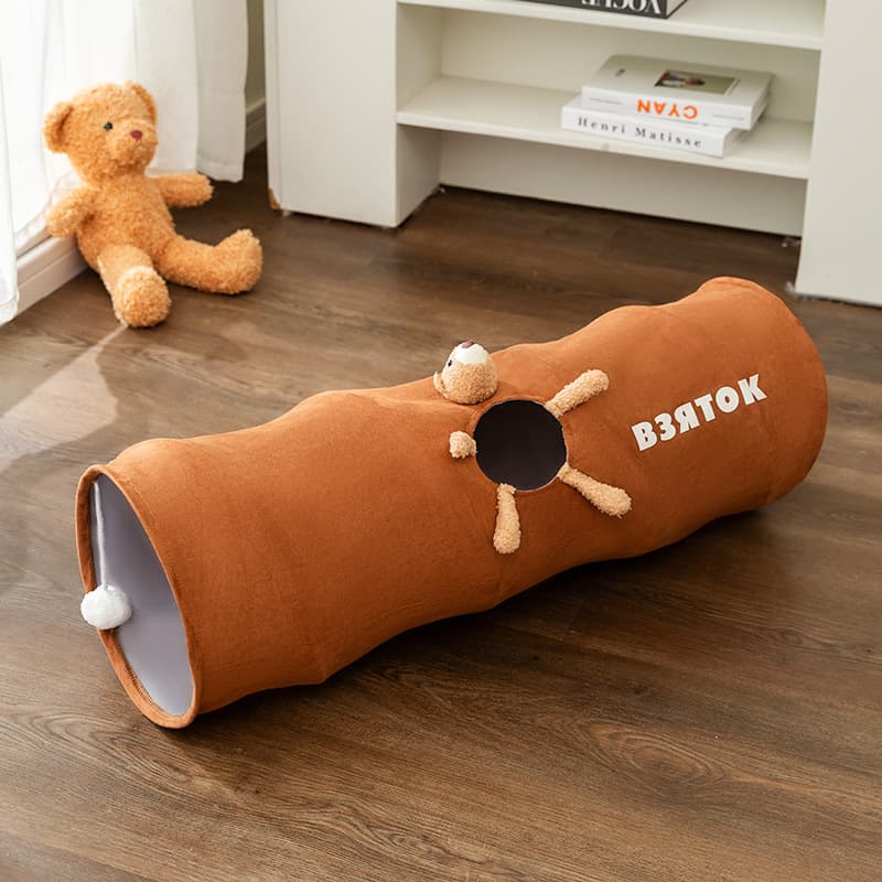bear Premium Soft Suede Cat Tunnel - Collapsible Play Tube with Peek-a-Boo Hole & Hanging Ball
