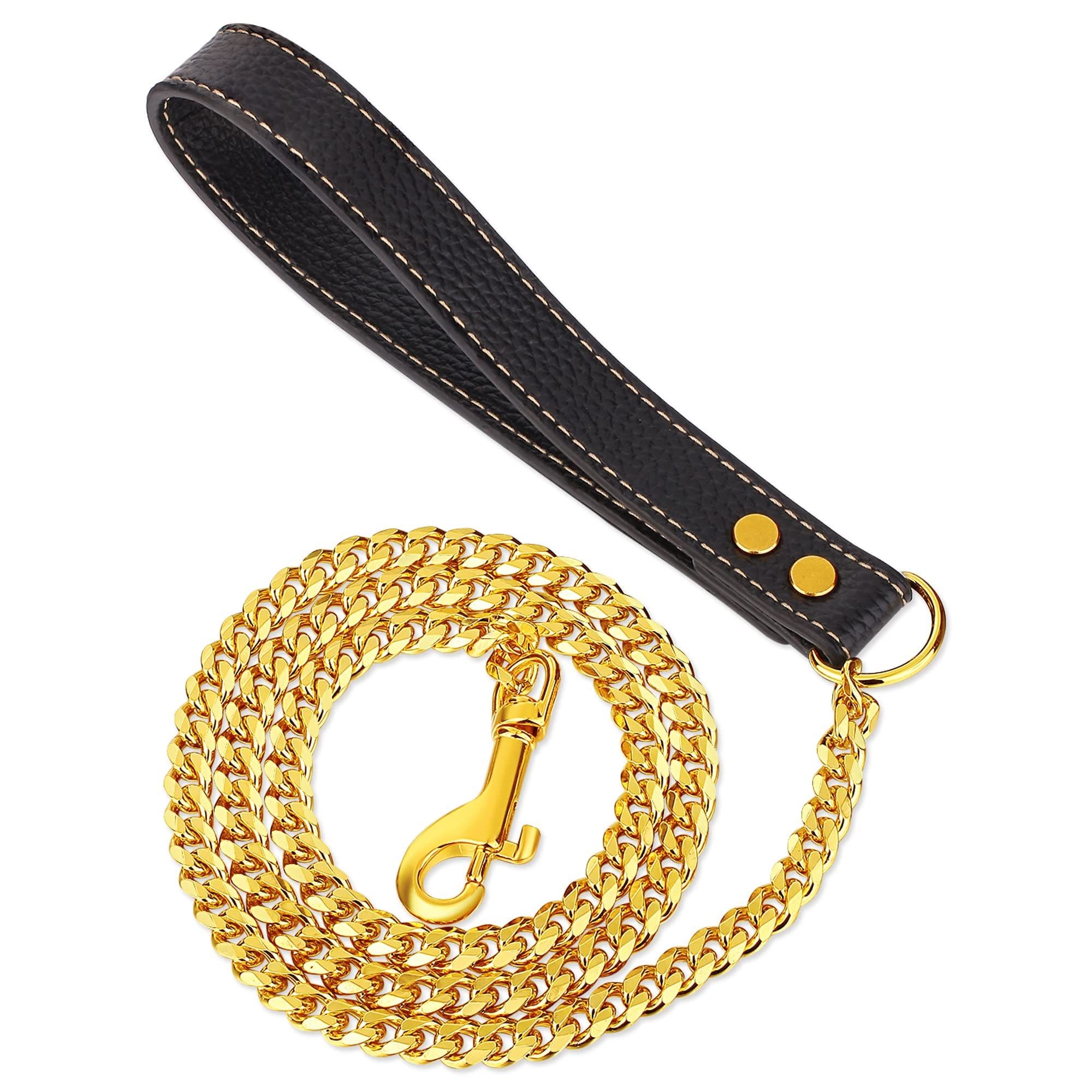 Dog Chain Leather Gold Dog Leather 1.2 m Stainless Steel 10mm Cuban Chain Dog Leather with Comfortable Handle, Suitable for Small, Medium and Large Dogs, photo 1 of 5