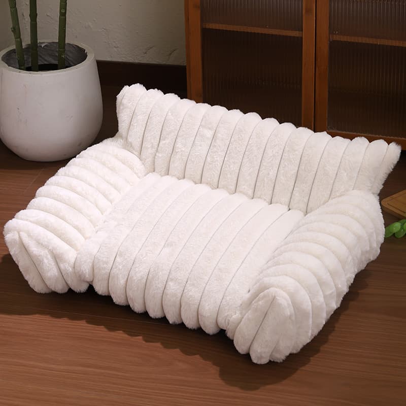 White Plush Ribbed Pet Sofa Bed for Dogs and Cats - Thickened Milk Velvet Cushion, Large Comfy Dog Sofa(50*40*20cm), photo 1 of 6