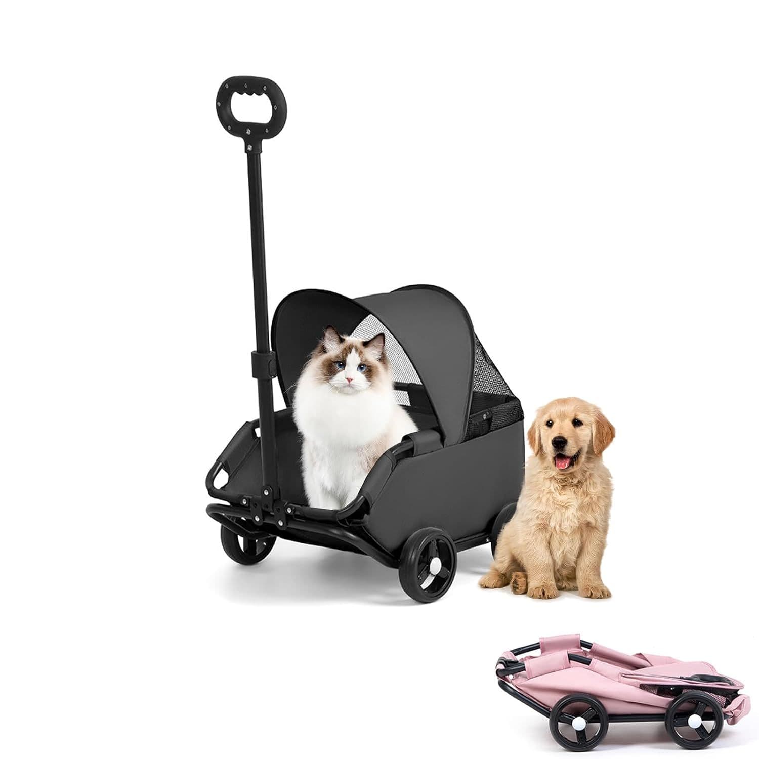 4-Wheel Dog Stroller with Sunshade Cover Collapsible Mesh Canopy Portable Pet Carrier for Outdoor Travel Shopping Walking Suitable for Small Dogs and Cats