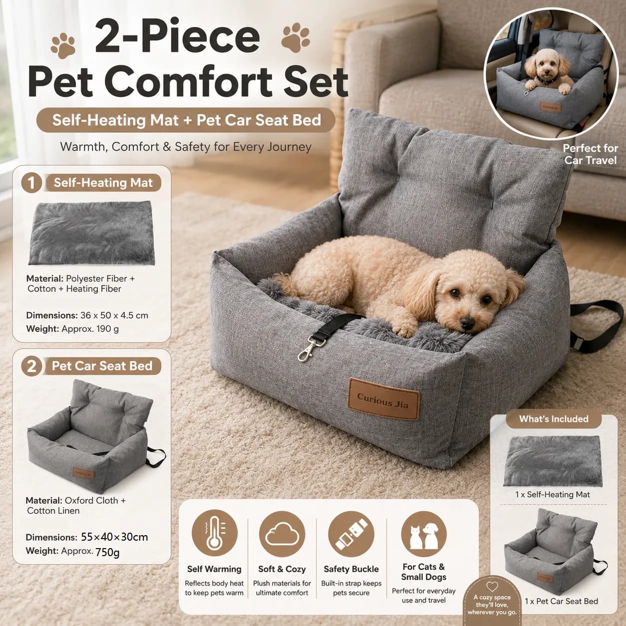 Winter Pet Warmth Bundle - Pet Car Booster Seat 55x40cm Non-Slip Safe Travel Sofa Bed for Small Dogs Cats Indoor Use
