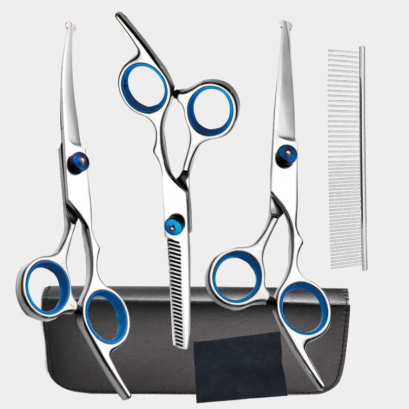 Complete 5-Piece Pet Grooming Scissors Kit - Stainless Steel Straight, Curved & Thinning Shears with Comb & PU Case (15 cm)