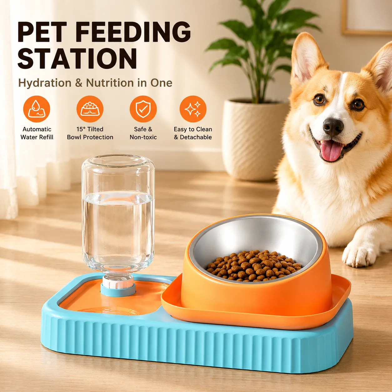 Cat & Dog Feeding Station with Water Dispenser – Elevated Stainless Steel Pet Bowl Set with Slow Feeder, Anti-Spill Design and Automatic Water Supply
