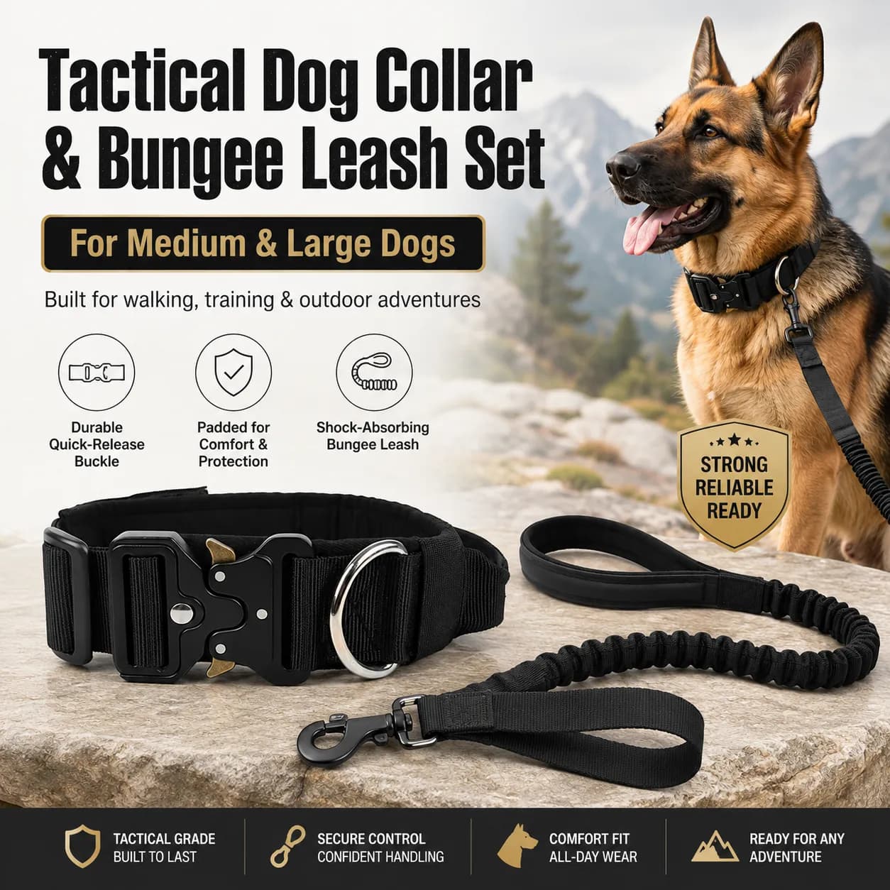 Tactical Dog Collar and Bungee Lead Set - Padded Quick Release Collar with Control Handle and Shock Absorbing Leash for Medium and Large Dogs, photo 1 of 6