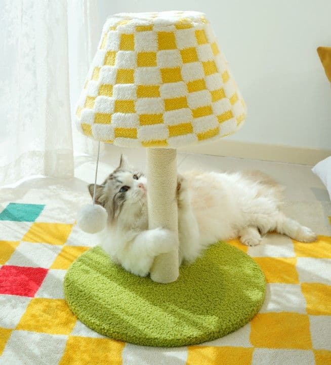 Plush Checkerboard Lamp Style Cat Scratching Post - 53 x 37.5 cm Extra Large Standing Cat Scratcher & Home Decor with Hemp Rope Post, Wide Stable Base and Hanging Ball Toy, photo 1 of 6