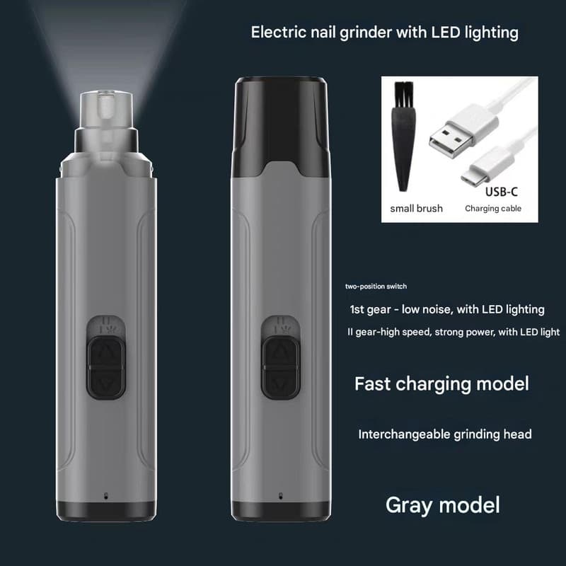 Quiet Electric Pet Nail Grinder with LED Light - 2-Speed USB-C Rechargeable Trimmer for Dogs & Cats Grooming