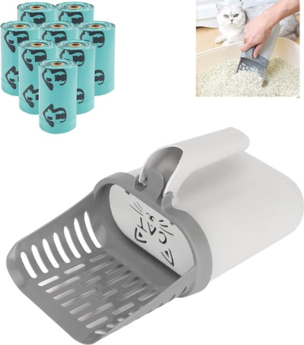 Cat Litter Scoop with Collection Tray - Cleaning Cat Litter - Ergonomic - With 8 Rolls of Waste Bags - Holder and Disposal System for Cat Litter in 1 - Litter Scoop with Container - Dirt-Free Cat Litter Scoop - Grey, photo 1 of 5