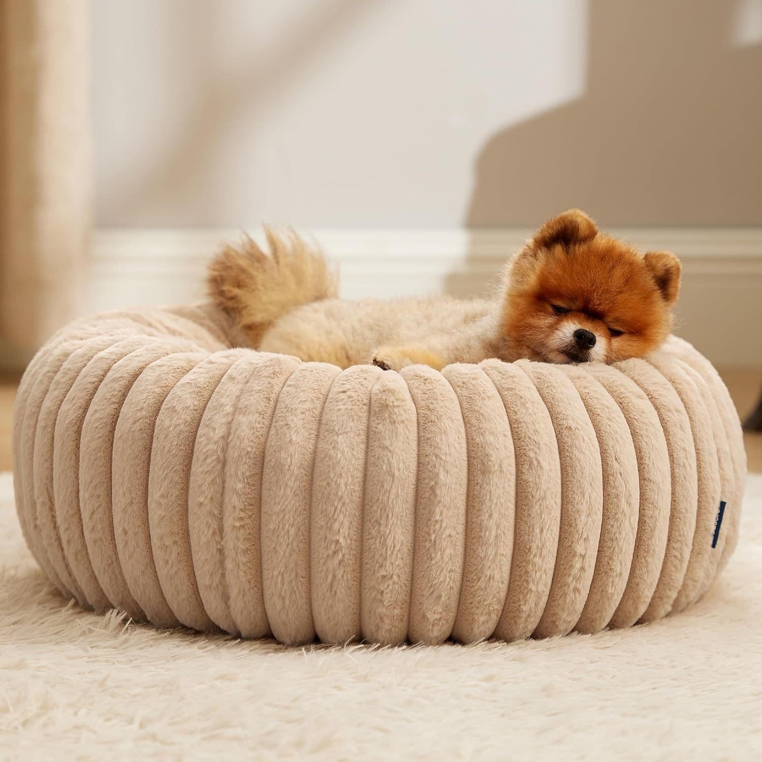 Calming Donut Pet Bed - Faux Rabbit Fur Soft Warm Round Cat Dog Bed - Plush Cozy Cuddler for Small Dogs Cats