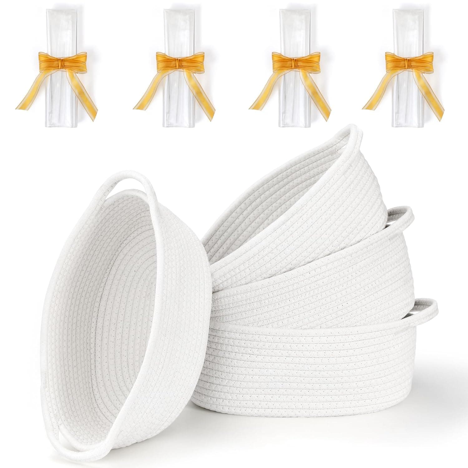 4 Pack Small Woven Basket with Handles, All 30 x 20 x 13 cm, Cotton Rope Room Shelf Storage Basket, Cat Toys, Cute Baby Gift Bags and Ribbons for Nursery, Empty Decorative Chest Box White -, photo 1 of 7