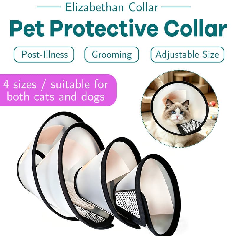 Classic Elizabethan Collar - Anti-Licking Collar - Multiple Sizes - Adjustable - Bite-Resistant - Transparent - Flea & Tick Prevention & Anti-Licking - Velcro Closure - For Cats & Dogs - 1 Piece, photo 1 of 10