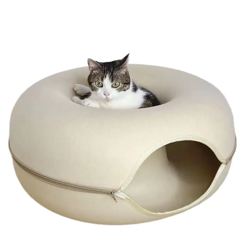 Felt Donut Cat Bed with Zipper Tunnel Toy, Double-Layer Pet Cave for Cats, M Size (50x20cm), Cozy Hideaway for Indoor Cats