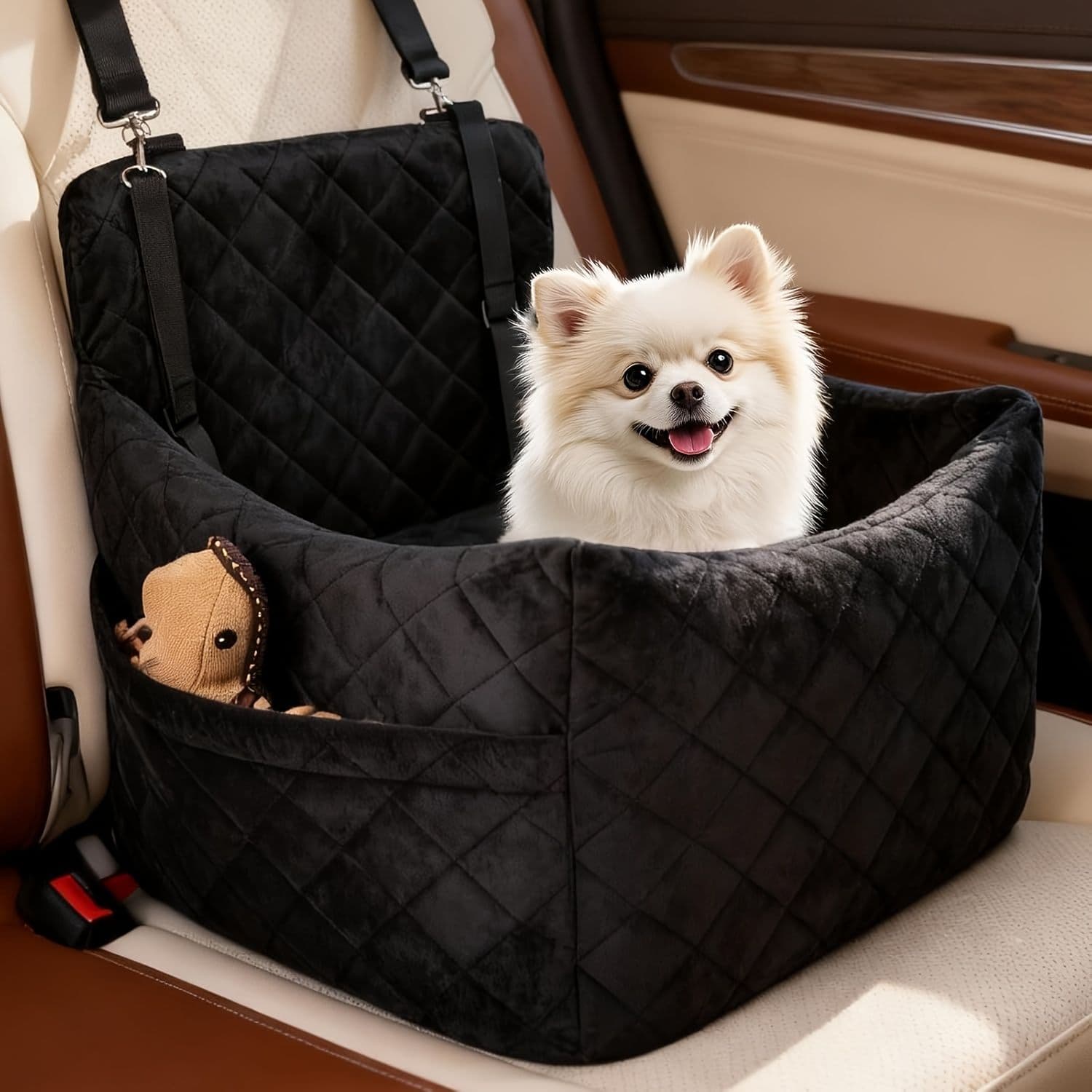 Portable Pet Car Seat Booster for Small Dogs and Cats, Elevated Design with Safety Belts and Storage Pocket, Perfect for Travel and Outdoor Adventures (Black), photo 1 of 8