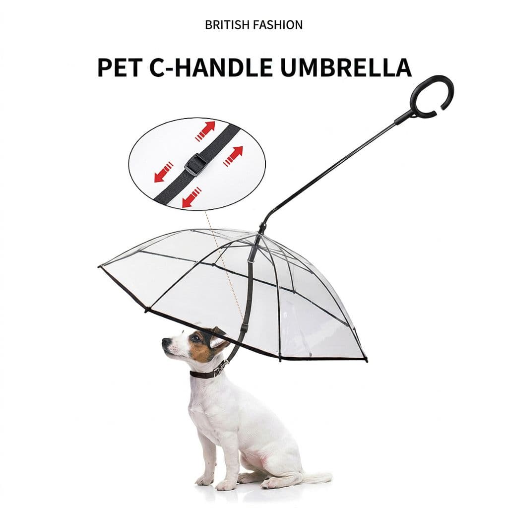 C-Handle Transparent Pet Umbrella with Adjustable Leash Strap – Hands-Free Rain Protection for Small to Medium Dogs and Cats, Flexible Tilt Shaft, Durable Alloy Frame, Ideal for Wet Weather Walks (Adjustable Webbing Version), photo 1 of 10