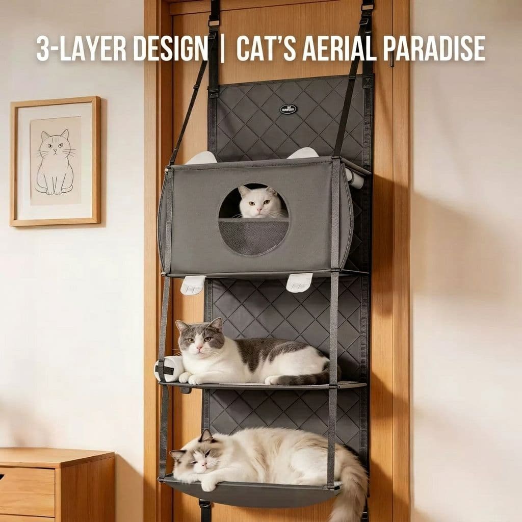 Space-Saving Door Hanging Cat Shelves with Cozy Enclosed Condo and Open Lounging Platforms, a Four-Tier Vertical Climbing Haven for Multi-Cat Households to Rest, Play, and Watch the World from Above (Grey), photo 1 of 9