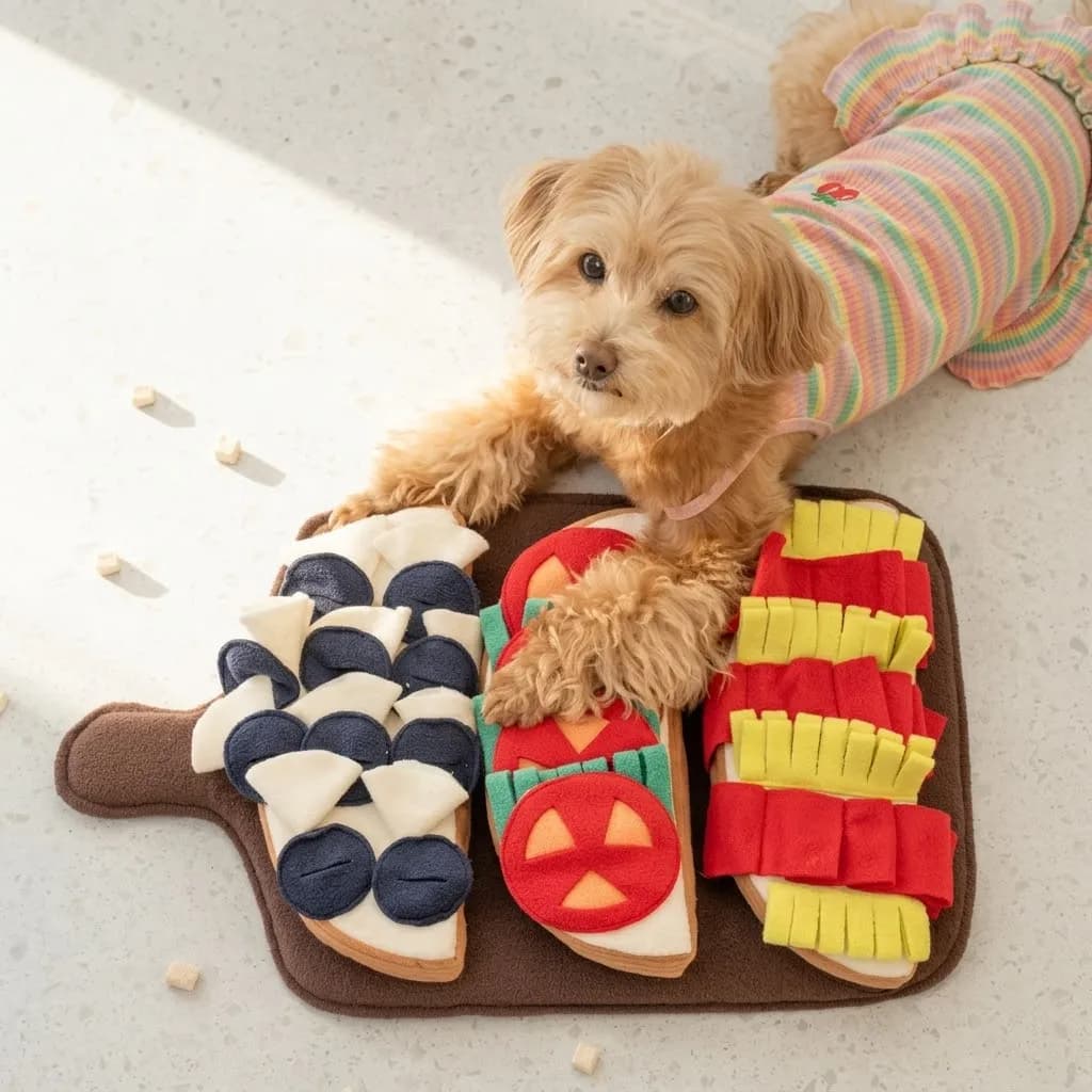 Interactive Breakfast-Themed Snuffle Mat for Dogs: A Fluffy Plush Puzzle Toy with Squeaky Hidden Compartments, Perfect for Slow Feeding, Mental Stimulation, and Satisfying Natural Foraging Instincts (S, S), photo 1 of 7