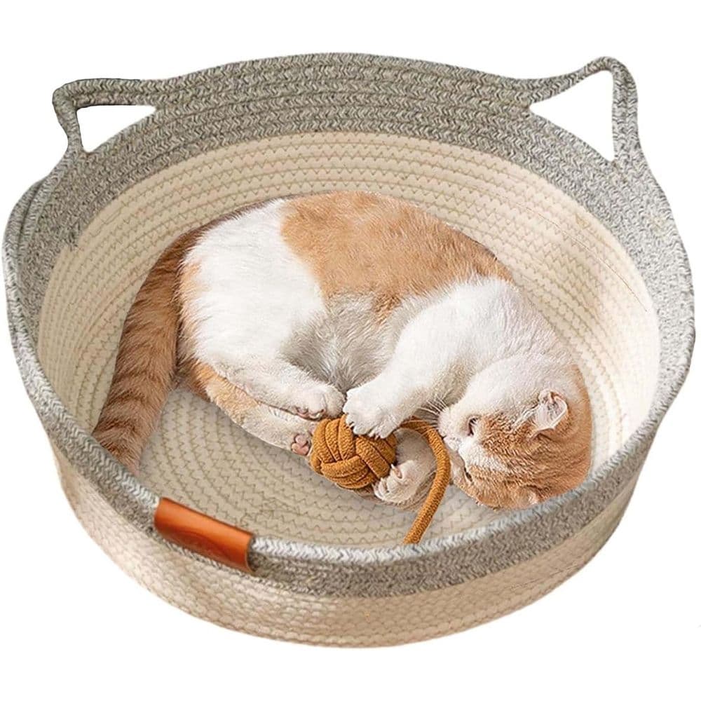 Cat Basket, Woven Cats Bed, Cotton Rope Weaving Pet Nest, Handwoven Breathable Durable Natural Rattan Cats Sleeping House with Toy Tail for Small & Large Cat & Dog, photo 1 of 5