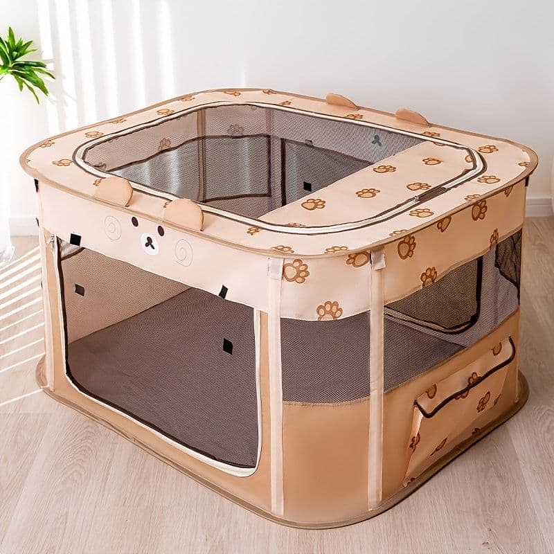 Foldable Pet Playpen with Zippered Top, Portable Cat Whelping Box & Puppy Kennel for Indoor/Outdoor Use, Easy Assembly, Multi-Functional Tent for Small Pets (Brown, photo 1 of 10