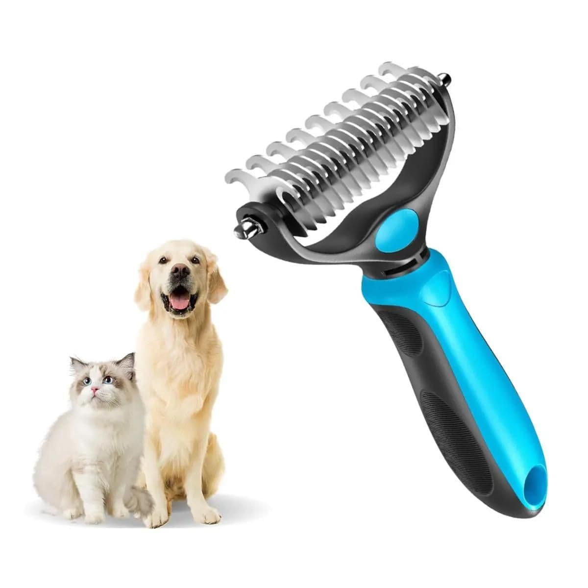 Dual Sided Pet Knot Cutter for Dogs & Cats - 17 / 9 Tooth Undercoat Grooming Rake with Non-Slip TPR Handle, Perfect Long Fur Remove Tangles Mats Knots