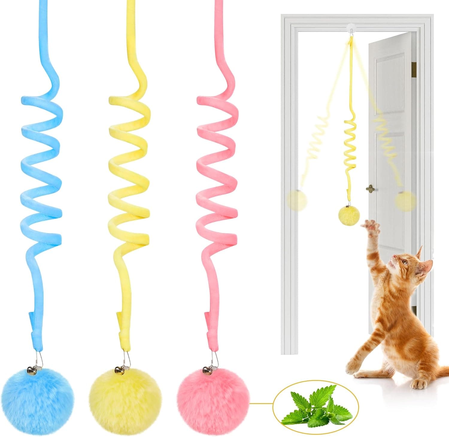 Hanging Fluffy Cat Catnip Ball Toys 3 Pcs with Bell, Interactive Cat Teaser Retractable Toys Indoor Kitten Play Chase Exercise Physical Stimulation, photo 1 of 6