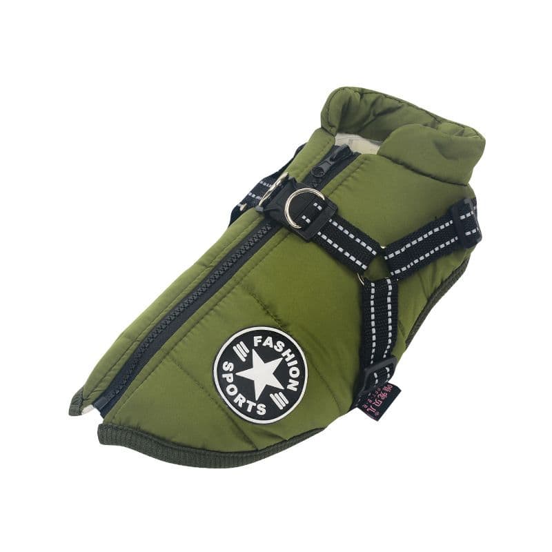 Army Green Winter Waterproof Dog Jacket with Built-in Harness, Warm Padded Cotton Vest for Small and Medium Breeds, Size S with Reflective Safety Strips, photo 1 of 10