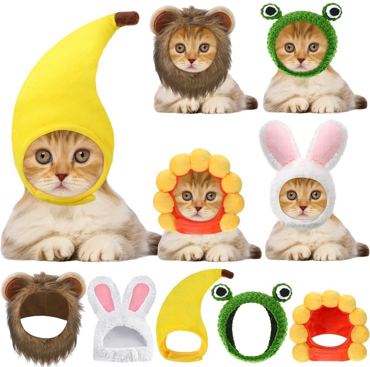 Cat Costume Hats Set of 5, Cute Lion Mane Bunny Banana Frog Sunflower Design Pet Headwear for Cats and Small Dogs, Halloween Party Dress Up Accessory, Soft Warm Material, photo 1 of 7