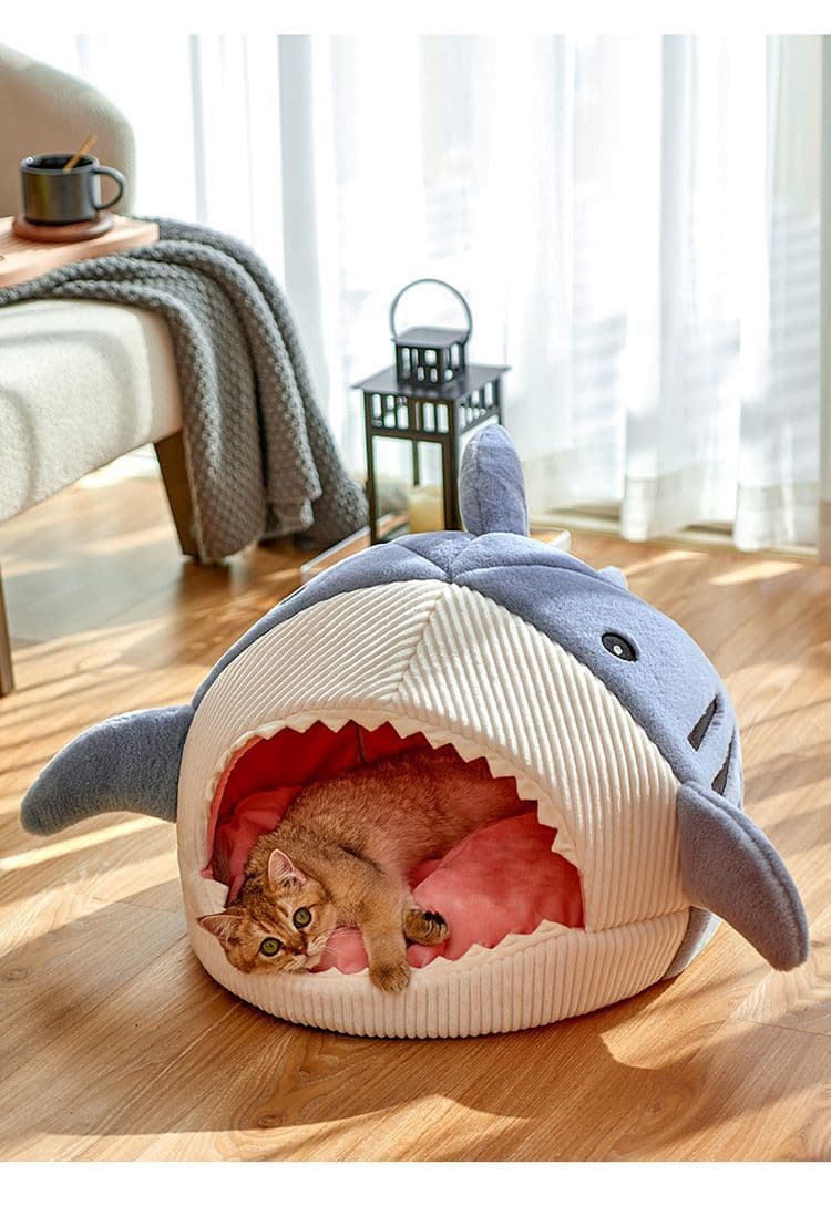 Novelty Shark Pet Cave Bed Enclosed Cozy Sleeping Nest for Cats and Small Dogs Soft Flannel Year Round Comfort