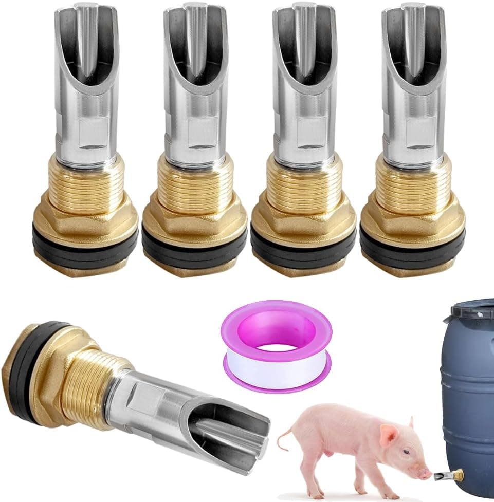 5PCS 1/2 Stainless Steel Automatic Pig Nipple Water Drinker Feeder Waterer + 5PCS 1/2 Female to 3/4 Male Brass Water Tank Connector Bulkhead Fitting Kit for Sows Piglets Drinking, photo 1 of 8