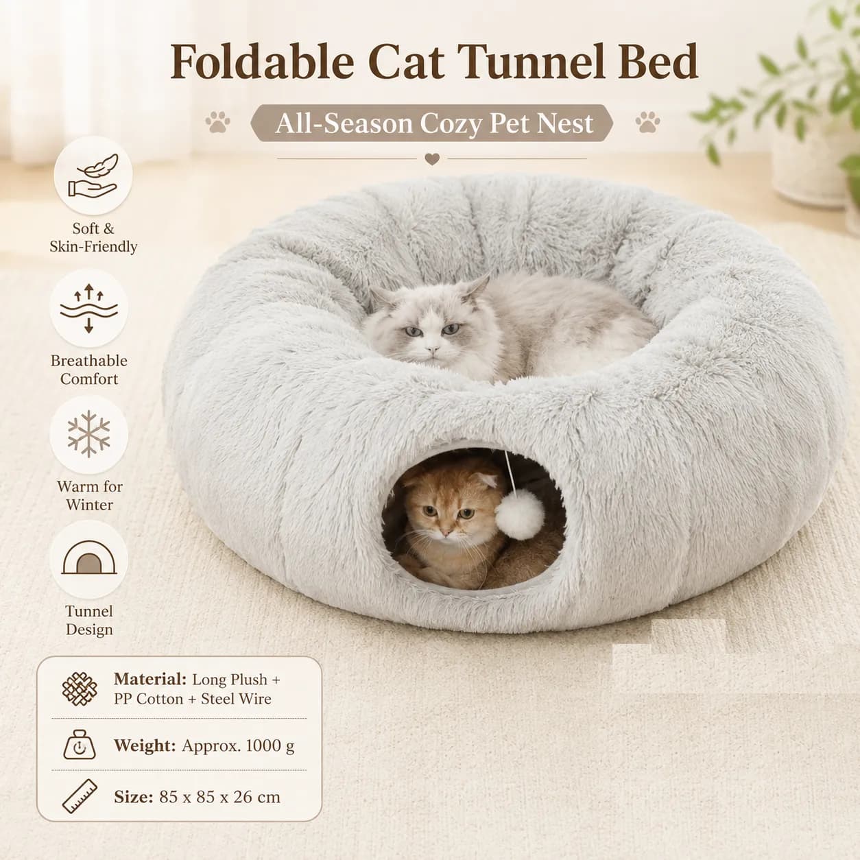 Grey Foldable Cat Tunnel Bed - Plush 2-in-1 Pet Nest with 26cm Wide Opening, Non-Slip Base and Hanging Toy for Indoor Cats, photo 1 of 10
