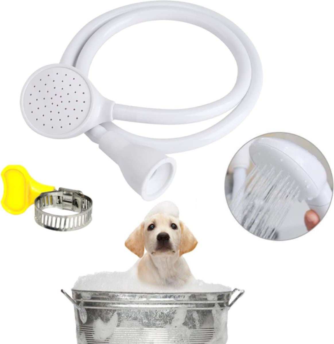 Pet Bath and Shower Set - Dog/Cat Shower Head - Dog Sprayer - Includes Garden Hose and Attachments - For Pets, Hair Washing, Rinsing Vegetables - Taps with a Diameter of 1.4-2.7 cm - White, photo 1 of 5