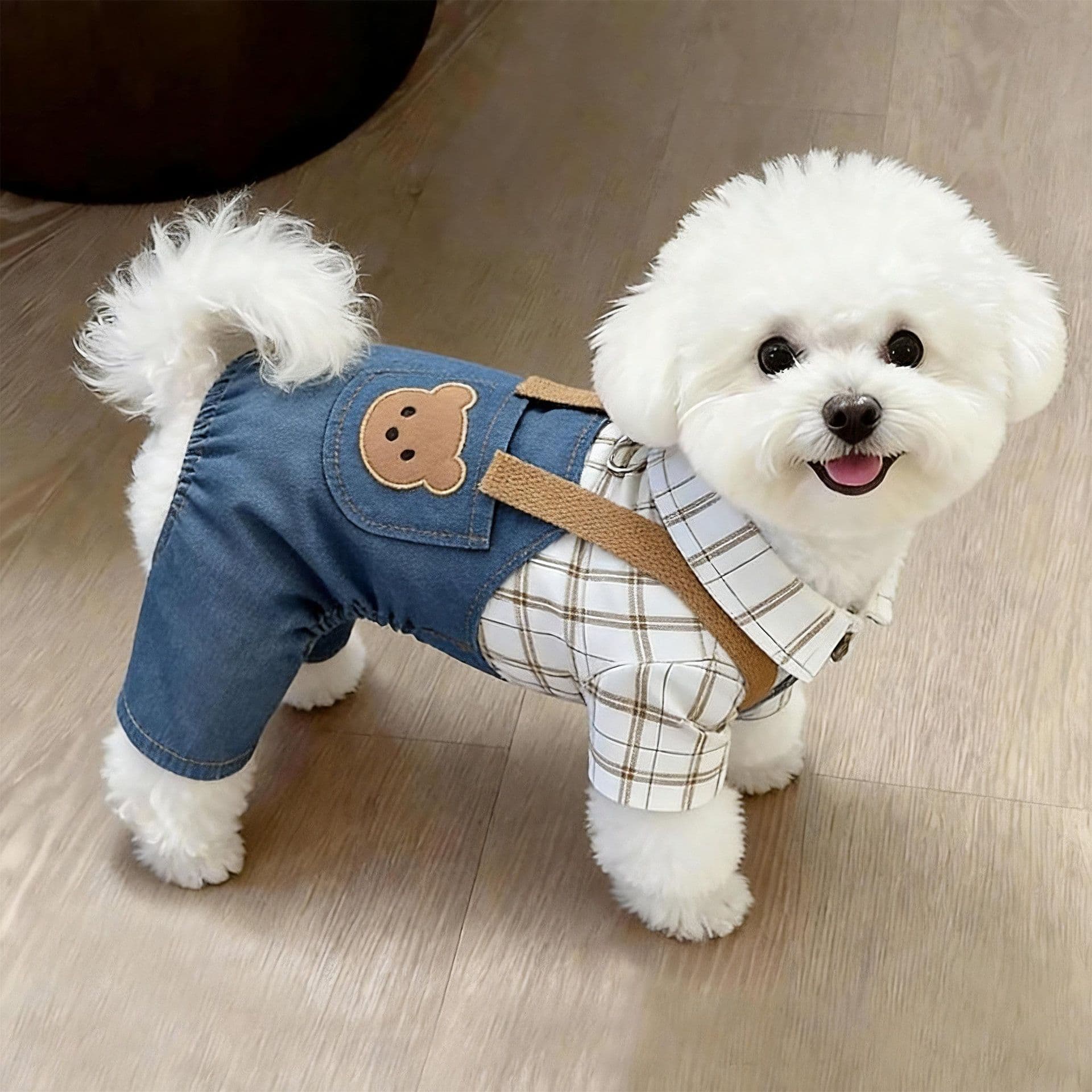 AMOOR Dog Clothes Dinosaur Four Leg Bear Pocket Plaid Overalls, photo 1 of 10