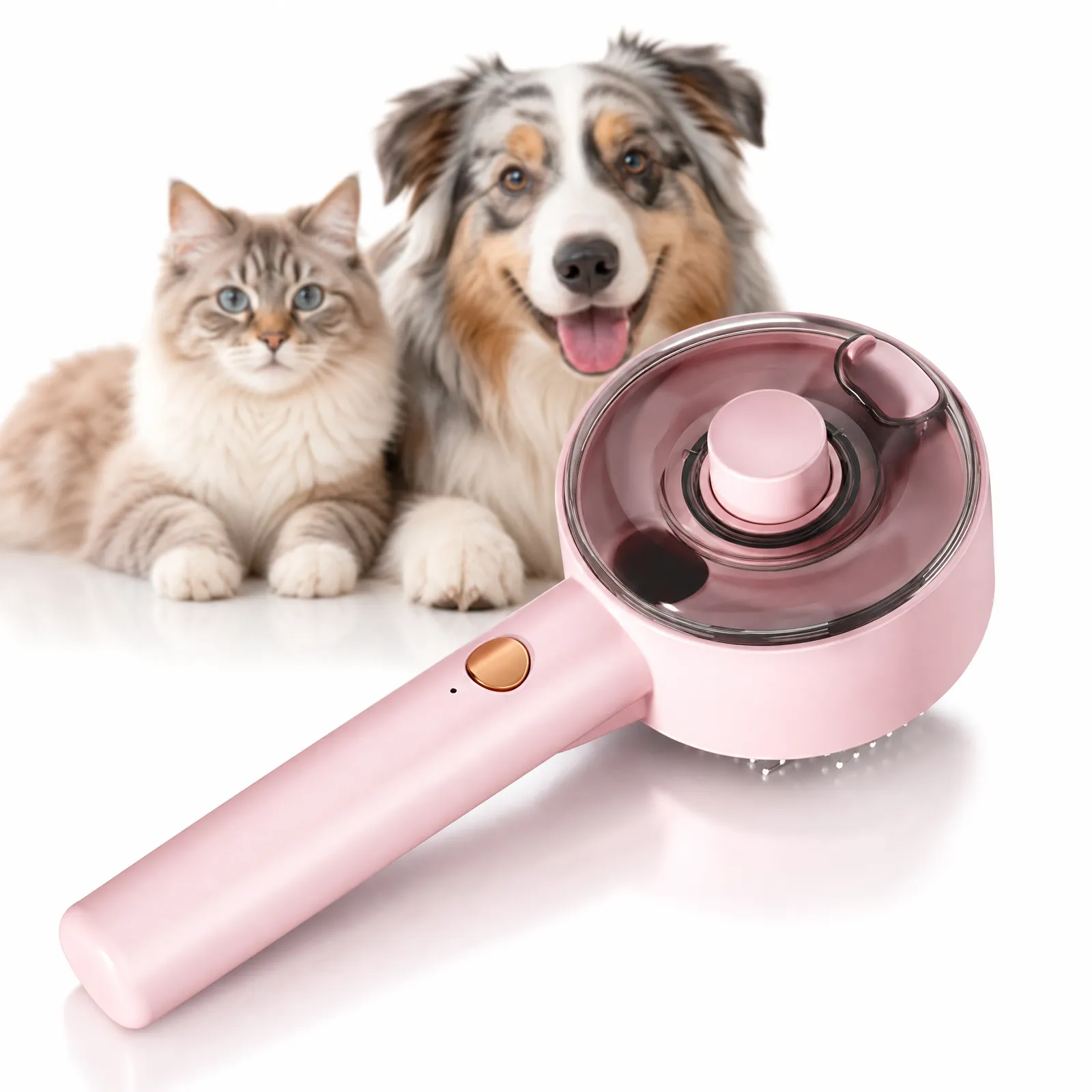 USB Rechargeable Pet Spray Grooming Brush for Cats and Dogs, Self Cleaning Slicker Brush with Fine Mist, 140° Curved Stainless Steel Pins, One Click Hair Release, 300mAh Battery