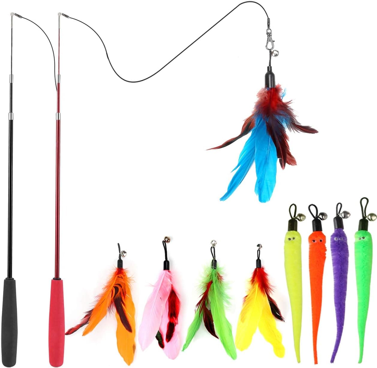 Huidcom Cat Feather Toy Retractable Cat Toys Wand with 2 Wands & 9 Assorted Teaser Refills Interactive Feather Teaser Wand Toy with Bell for Kitten Or Cat Having Fun Exerciser Playing, photo 1 of 8