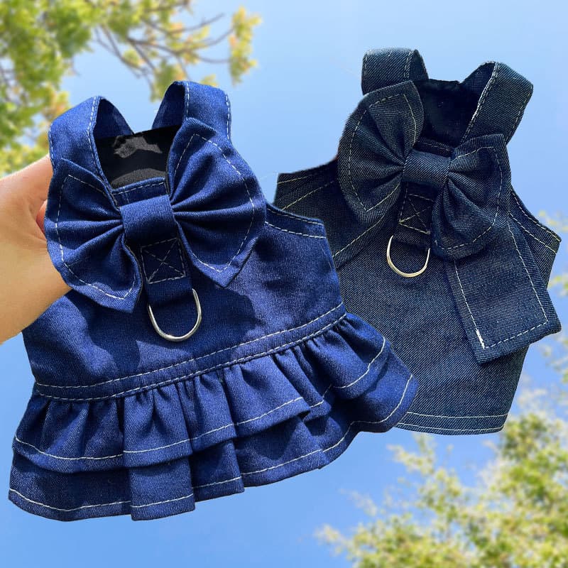 Pet Denim Harness Dress Set (2 Pieces) – 3XL Size (70cm Chest for 9.1-16 kg Pets) with T-Shirt and Skirt, Bow, and Leash Ring, photo 1 of 5