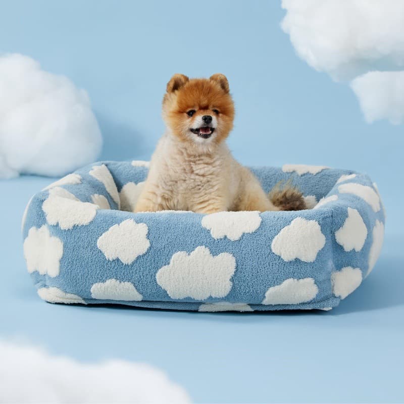 Cute Square Plush Pet Bed with Removable Cover & 5 Bolsters Support - Sky and Clouds Machine Washable Calming Dog & Cat Sofa