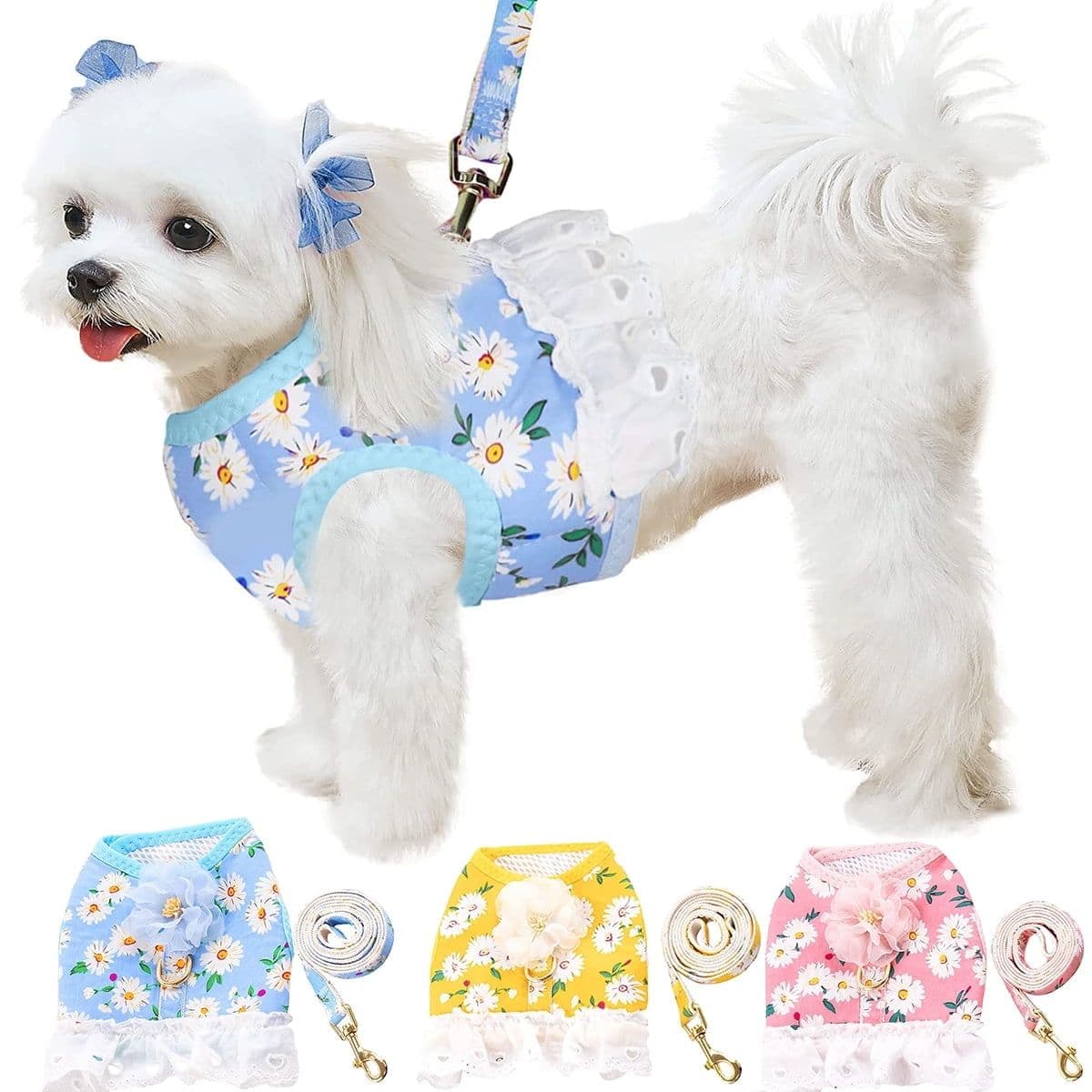 Floral Small Dog Harness Set Dress for Girl, Cute Daisy Breathable Puppy Mesh Harness for Female Small Medium Dogs Cats, photo 1 of 5