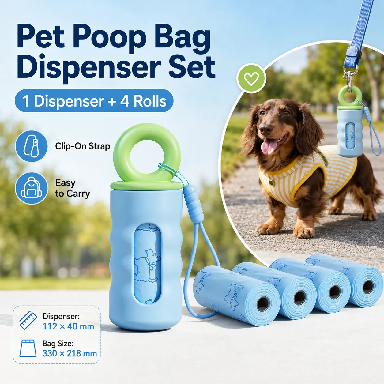 Pet Poop Bag Dispenser with 4 Waste Bag Rolls Portable Dog Waste Bag Holder Clip-On Leash Dispenser Twist Lock Refillable Pet Waste Bag Carrier for Dog Walking Travel Outdoor Accessories
