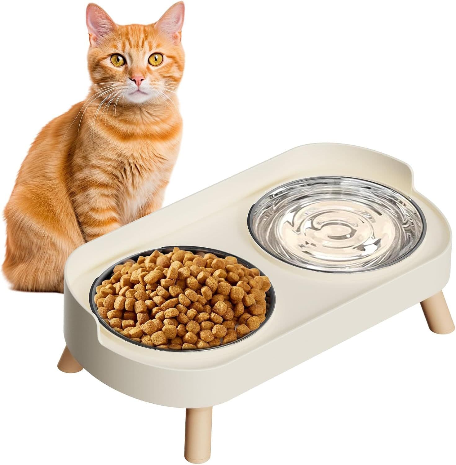 Elevated Cat Bowl, Raised Cat ood and Water Bowl Set or Indoor Cats, Splash Proo with 2 Stainless Steel Pet ood Bowls or Cats and Puppies, Whisker atigue and Dishwasher Sae - White, photo 1 of 8