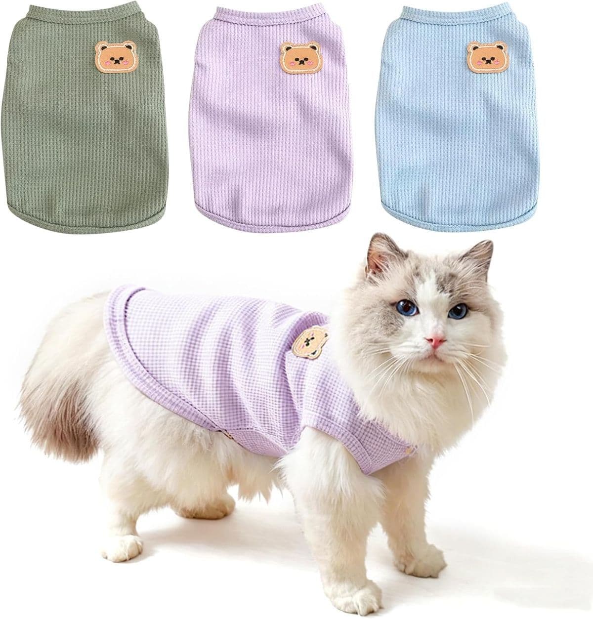 3PCS Waffle Knit Pet Shirt Sphynx Cat Clothing Small Dog T-Shirt Pet Fashion - Green& &