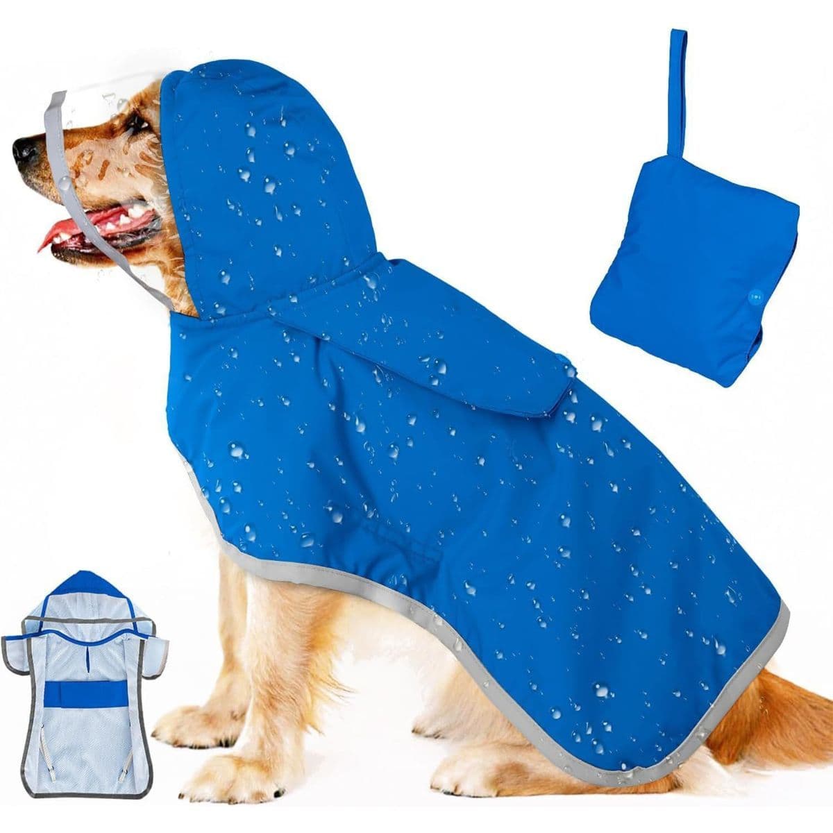 Dog Raincoat, Waterproof Rain Jacket, Clear Hood & Reflective Rim Easy On Off Adjustable Straps, Leash Hole, Soft Mesh Lining, Storage Pocket, Poncho for Small Medium Large Dogs