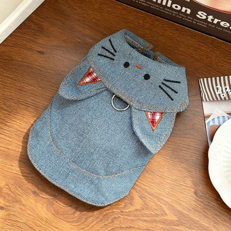 Pet Denim Vest Cat Ears Harness Cat Ear Denim Jacket (with Leash Clip)