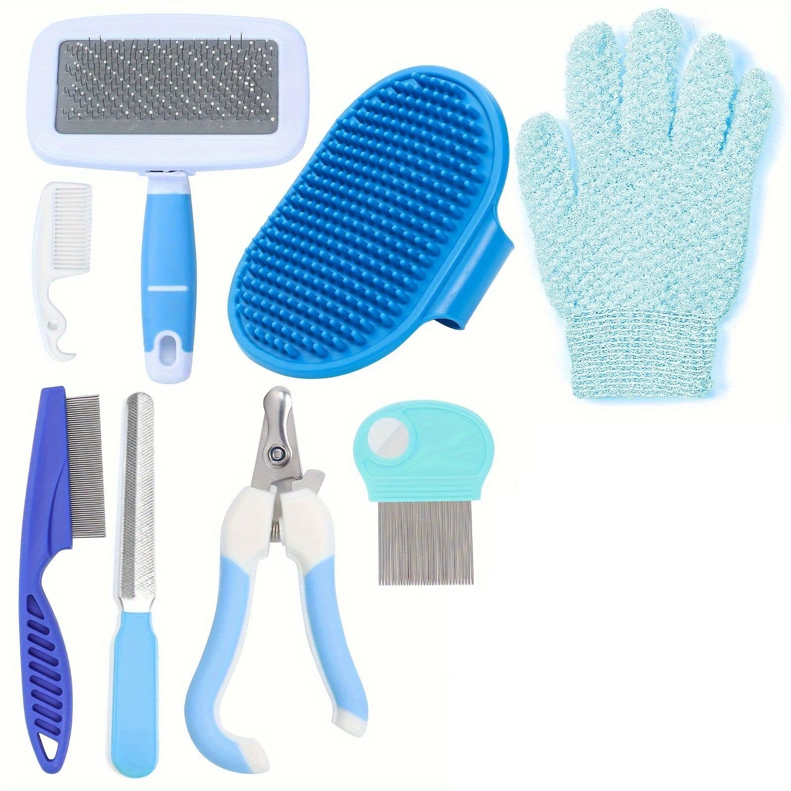 8-Piece Pet Grooming Kit - Nail Clippers, Slicker Brush, Flea Comb & Bath Glove for Dogs Cats Rabbits, Complete Home Care Pet Set