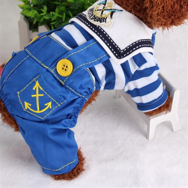 Blue Cute Sailor Dog Outfit - Striped Shirt & Anchor Overalls for Small Dogs), photo 1 of 10