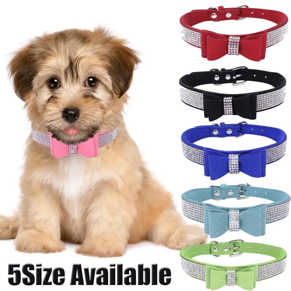 Crystal Dog Collar with Bow Tie Rhinestone Puppy Collars Bling for Cat Dogs,23Size Available, photo 1 of 5