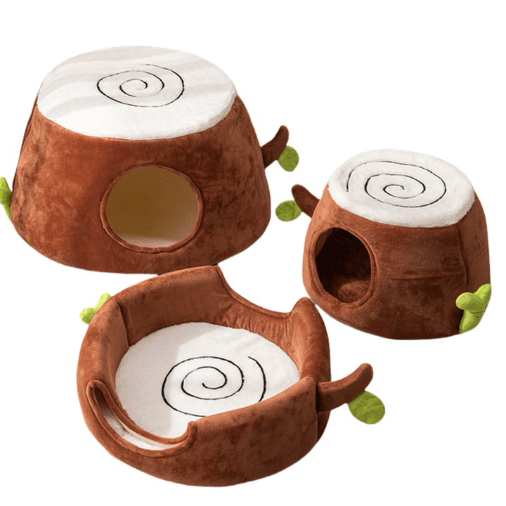 Convertible Tree Stump Cat Bed - Foldable, Dual-Use, Four-Season Pet Nest with Double Doors, photo 1 of 8